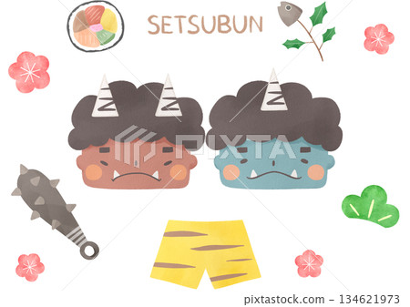 水彩節分背景圖（紅鬼、藍鬼、江戶卷、沙丁魚、鬼褲） 134621973