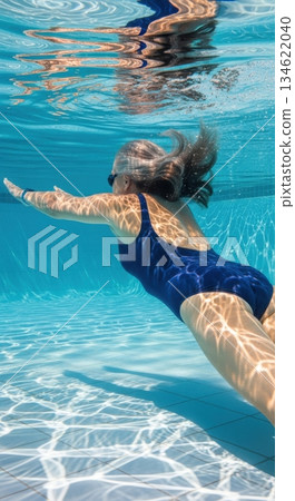 Woman swimming underwater in blue pool, silver hair flowing behind, sunny reflections on water Woman swimming underwater in blue pool, silver hair flowing behind, sunny reflections on water 134622040