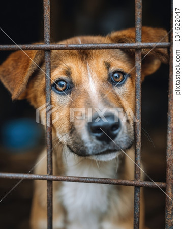 Sad homeless dog looking through rusty shelter cage bars waiting for adoption 134622047
