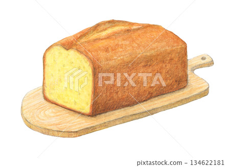Quatre-quarts Simple Butter Cake Watercolor and colored pencil illustration 134622181