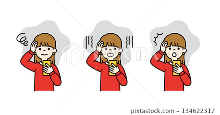 一組少女上半身向量插圖，她正抱著頭看著智慧型手機（彩色）。 134622317