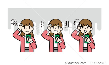 一位年輕女性/家庭主婦的上半身向量插圖,她正抱著頭看著她的智慧型手機(彩色) 一位年輕女性/家庭主婦的上半身向量插圖,她正抱著頭看著她的智慧型手機(彩色) 134622318