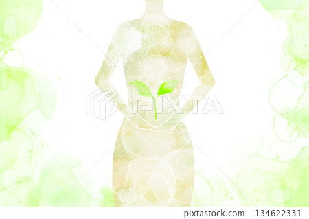 A watercolor illustration of a sprouting leaf in a silhouette of a woman. Expressing dreams, possibilities, and talent. 134622331