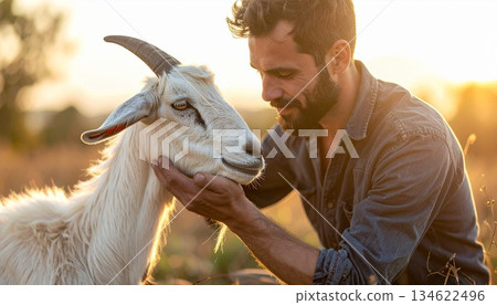 A young man gently touching a goat at sunset, capturing a warm moment of connection between human and animal in nature, reflecting rural life, compassion, harmony, and peaceful farm 134622496