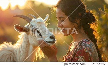 A young girl gently touching a goat at sunset, capturing a warm moment of connection between human and animal in nature, reflecting rural life, compassion, harmony, and peaceful farm A young girl gently touching a goat at sunset, capturing a warm moment of connection between human and animal in nature, reflecting rural life, compassion, harmony, and peaceful farm 134622497