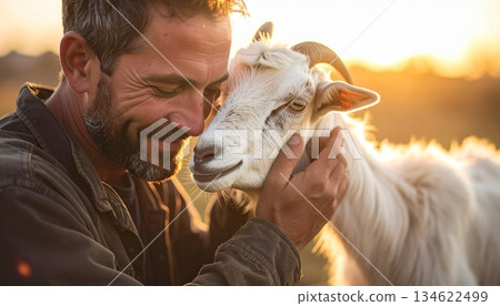 A young man gently touching a goat at sunset, capturing a warm moment of connection between human and animal in nature, reflecting rural life, compassion, harmony, and peaceful farm A young man gently touching a goat at sunset, capturing a warm moment of connection between human and animal in nature, reflecting rural life, compassion, harmony, and peaceful farm 134622499