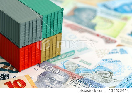 Nigerian naira currency money bills and toy cargo containers close up. The concept of shipping and logistics Nigerian naira currency money bills and toy cargo containers close up. The concept of shipping and logistics 134622654