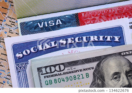 United States of America visa, social security card and dollar bill closeup macro 134622676