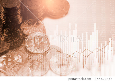 Modern way of exchange. Bitcoin is convenient payment in global economy market. Virtual digital currency and financial investment trade concept. Abstract cryptocurrency with gold bitcoin background. Modern way of exchange. Bitcoin is convenient payment in global economy market. Virtual digital currency and financial investment trade concept. Abstract cryptocurrency with gold bitcoin background. 134622852