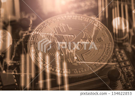 Modern way of exchange. Bitcoin is convenient payment in global economy market. Virtual digital currency and financial investment trade concept. Abstract cryptocurrency with gold bitcoin background. Modern way of exchange. Bitcoin is convenient payment in global economy market. Virtual digital currency and financial investment trade concept. Abstract cryptocurrency with gold bitcoin background. 134622853