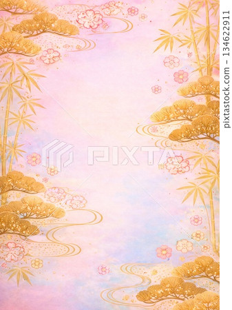 一款充滿日式風格的背景素材，以鬆樹、竹子和梅花為特色。 134622911