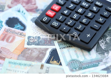 Egyptian pound currency money bills and calculator close up. The concept of taxation and money count 134623084