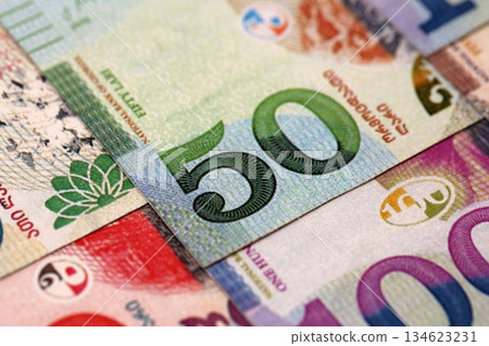 Georgian Lari currency money bills in heap. GEL currency banknotes with different denomination close up 134623231