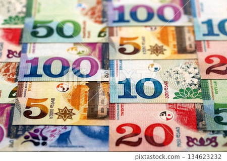 Georgian Lari currency money bills. GEL currency banknotes in big amount with different denomination close up 134623232