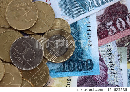 Pile of Hungarian Forint currency money bills and coins. HUF currency banknotes and coins close up 134623286