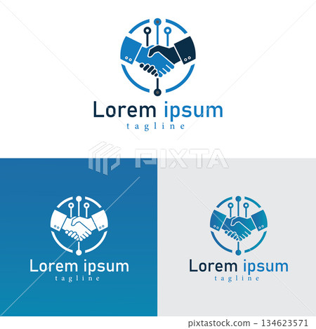 Tech partnership logo premium handshake and circuit design Tech partnership logo premium handshake and circuit design 134623571