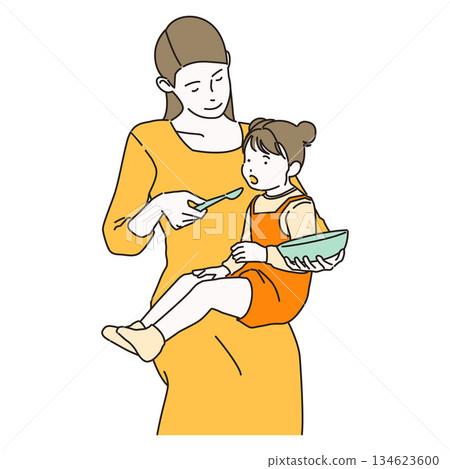 Minimalist Line Art of Mother Feeding Baby with Spoon 134623600