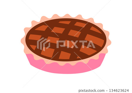Flat cartoon vector illustration of doodle pie in baking dish, cozy homemade dessert theme, simple cute kitchen mood for food graphics, recipe visuals and baking related designs Flat cartoon vector illustration of doodle pie in baking dish, cozy homemade dessert theme, simple cute kitchen mood for food graphics, recipe visuals and baking related designs 134623624