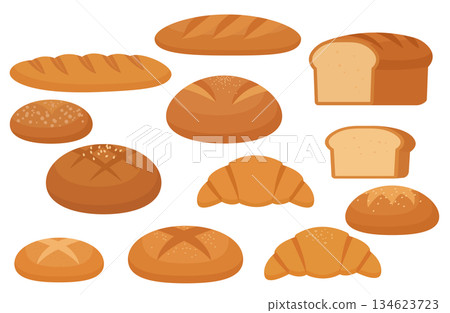 扁平麵包的種類：白麵包、牛角麵包、法國麵包 134623723