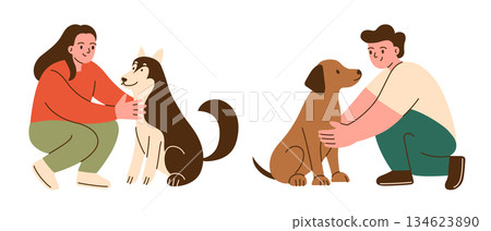 Flat cartoon vector illustration of dog owners with pets, woman with husky and man with labrador crouching and petting dogs, friendly social scene, warm lifestyle mood for pet care, walking Flat cartoon vector illustration of dog owners with pets, woman with husky and man with labrador crouching and petting dogs, friendly social scene, warm lifestyle mood for pet care, walking 134623890