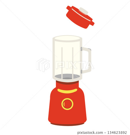 圖中是一個打開蓋子的紅色攪拌機。 134623892