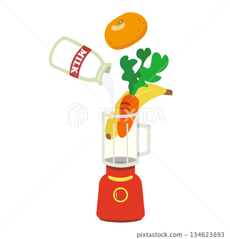 Illustration of milk, mandarin oranges, carrots, and bananas being put into a blender Illustration of milk, mandarin oranges, carrots, and bananas being put into a blender 134623893