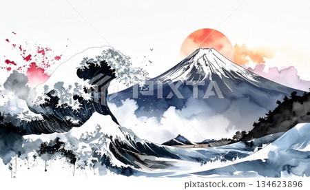 水彩插畫，描繪了巨浪拍岸和富士山日出的景象。日式背景。 134623896