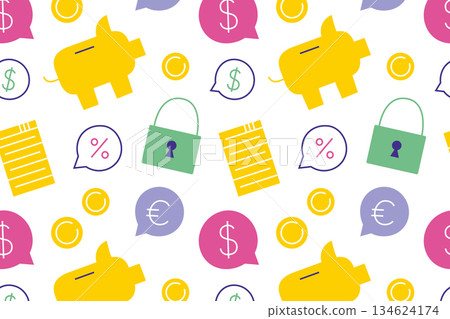 Flat cartoon vector illustration of finance pattern with coins, piggy banks, dollar and euro signs, percent symbols and lock icon, payment theme, seamless design for banking and economy projects Flat cartoon vector illustration of finance pattern with coins, piggy banks, dollar and euro signs, percent symbols and lock icon, payment theme, seamless design for banking and economy projects 134624174