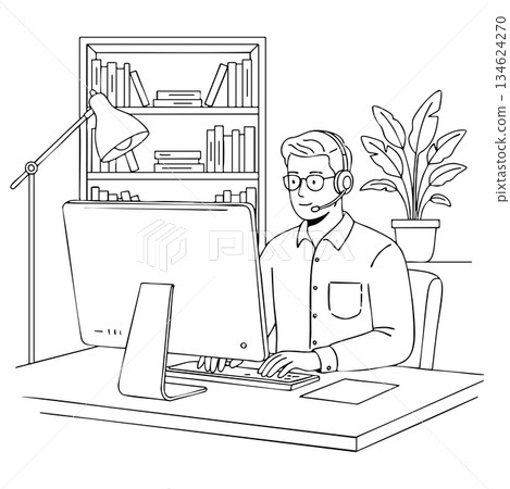 A man is sitting at a desk with a computer monitor in front of him A man is sitting at a desk with a computer monitor in front of him 134624270