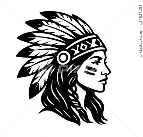 A woman wearing a headdress with feathers 134624281