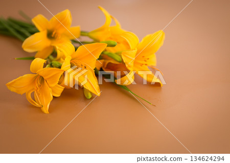 Fresh lily bouquet with rich color tones Fresh lily bouquet with rich color tones 134624294