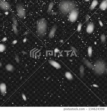 Realistic Heavy Falling Snow Overlay with Motion Blur on Transparent Background. Vector 134624399