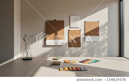 Creative Layout Room - A design studio with mood boards pinned neatly, color swatches arranged on table; soft warm light 134624576