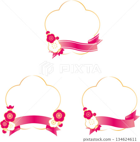A set of Japanese-style heading labels with plum blossoms and pink ribbons. A decorative frame background perfect for the arrival of spring, New Year, and other auspicious occasions. 134624611