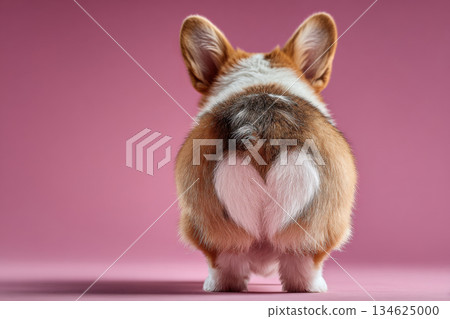A Welsh Corgi dog stands with its backside showing its fluffy butt in the shape of a heart on a pink background with copy space A Welsh Corgi dog stands with its backside showing its fluffy butt in the shape of a heart on a pink background with copy space 134625000