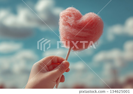 A child's hand holding a cotton heart on a stick against a blue sky 134625001