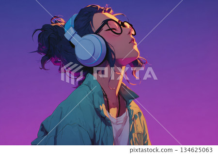 A teenage girl enjoys music through headphones. Anime style. 134625063