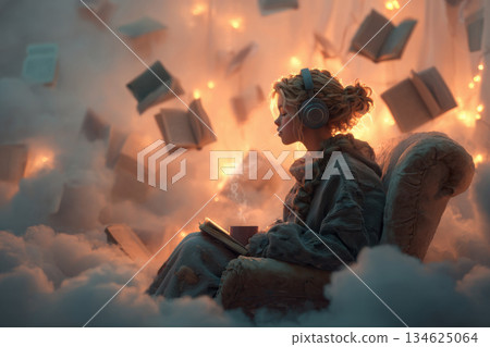 A girl with headphones sits in a chair in a magical atmosphere of books and clouds 134625064