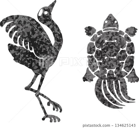 一套仙鶴和烏龜的插圖,寓意吉祥的新年物品。日本剪影印鑑設計,寓意長壽。 一套仙鶴和烏龜的插圖,寓意吉祥的新年物品。日本剪影印鑑設計,寓意長壽。 134625143
