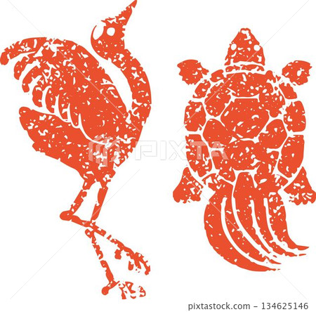 一套仙鶴和烏龜的插圖,寓意吉祥的新年物品。日本剪影印鑑設計,寓意長壽。 一套仙鶴和烏龜的插圖,寓意吉祥的新年物品。日本剪影印鑑設計,寓意長壽。 134625146