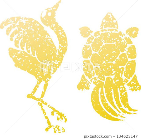一套仙鶴和烏龜的插圖,寓意吉祥的新年物品。日本剪影印鑑設計,寓意長壽。 一套仙鶴和烏龜的插圖,寓意吉祥的新年物品。日本剪影印鑑設計,寓意長壽。 134625147