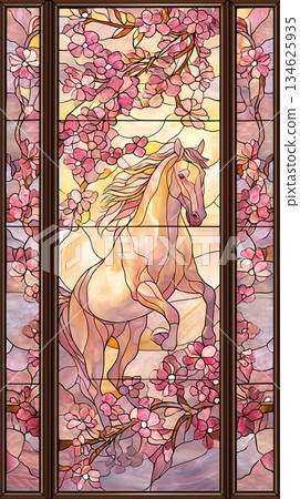 Stained-glass-style art of cherry blossoms and horses | Elegant and fantastical vertical design symbolizing spring 134625935