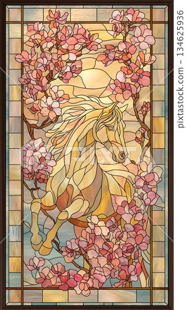 Stained-glass-style art of cherry blossoms and horses | Elegant and fantastical vertical design symbolizing spring 134625936