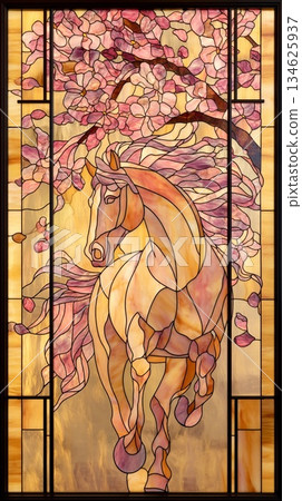 櫻花與駿馬的彩色玻璃風格藝術 | 優雅夢幻的筆幅設計，象徵春天 134625937