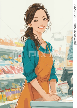 一位在超市工作的年輕女子 134625955