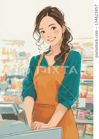 一位在超市工作的年輕女子 134625957