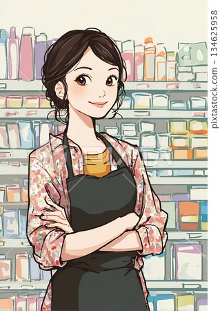 一位在超市工作的年輕女子 134625958