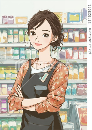 一位在超市工作的年輕女子 134625961
