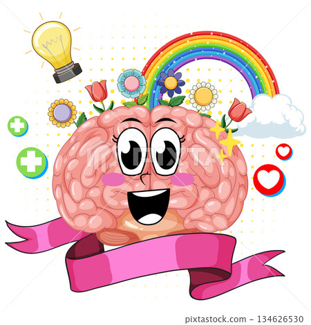 Happy Cartoon Brain with Rainbow and Positive Symbols Happy Cartoon Brain with Rainbow and Positive Symbols 134626530