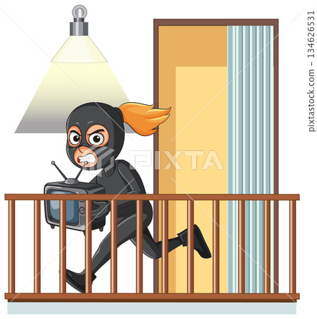 Burglar in Black Suit Stealing Television on Balcony Burglar in Black Suit Stealing Television on Balcony 134626531